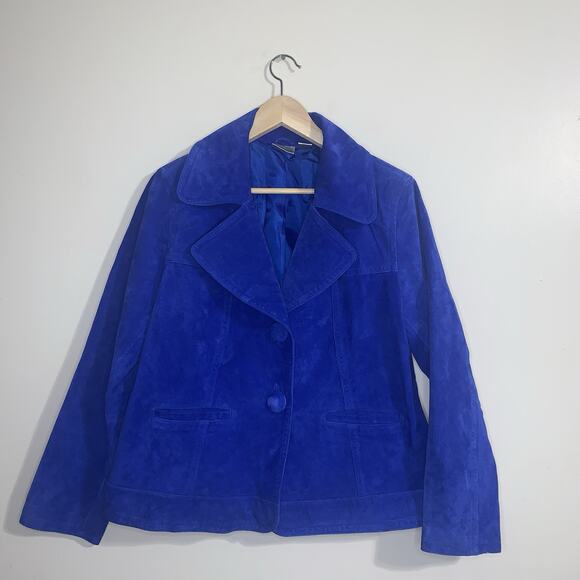Chicos Blazer Jacket Womens Blue Leather Suede Long Sleeve Collared Size 2 - Picture 1 of 14